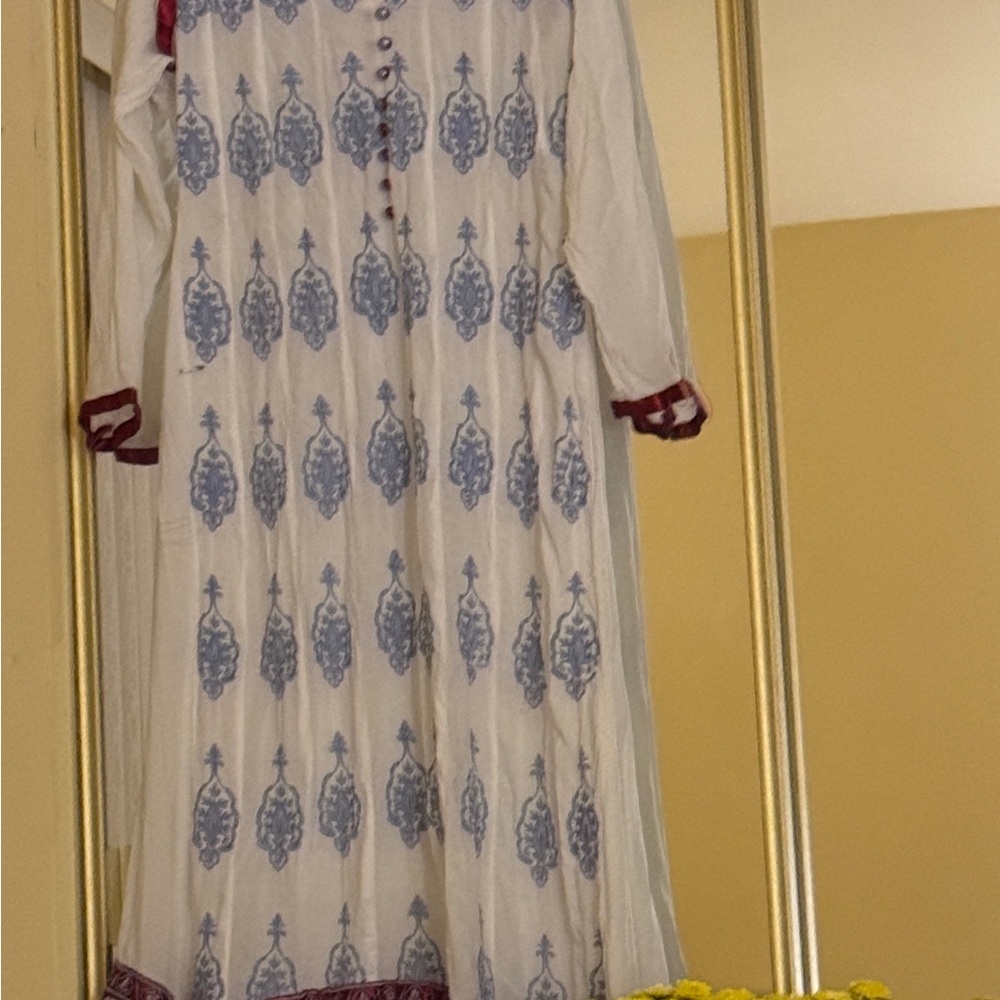 Elegant White and Blue Patterned Dress